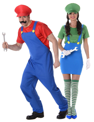 Disfraz de pareja fontanero verde y rojo adulto