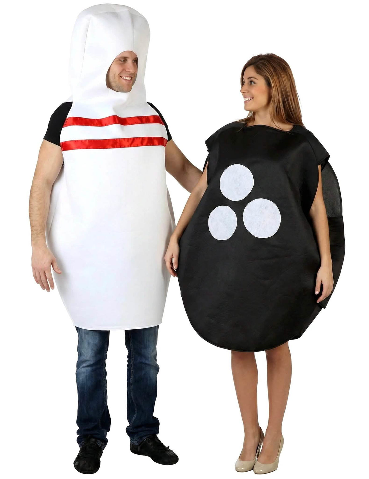 Disfraz de pareja bola y bolo de bolos para adultos