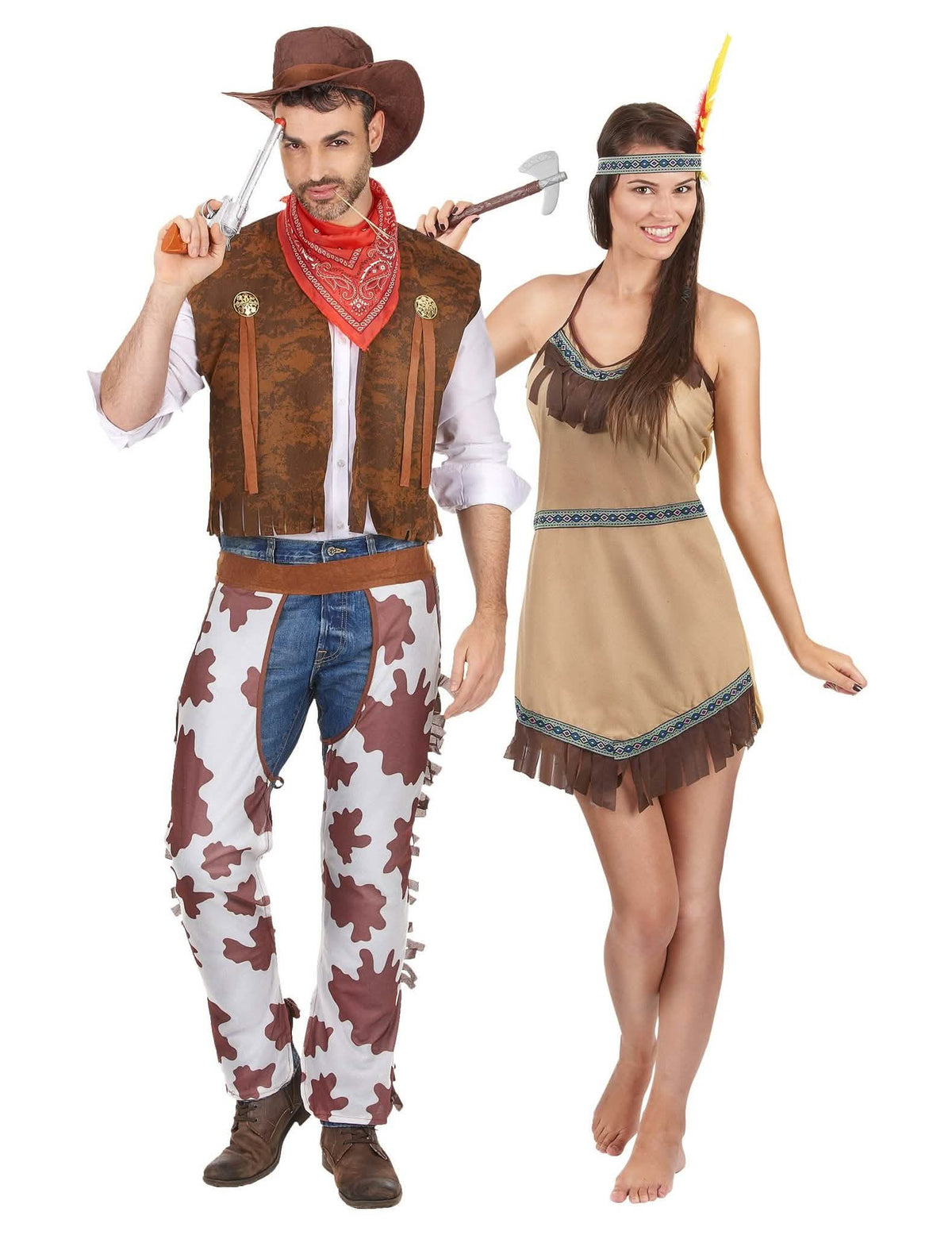 Disfraz de pareja de vaquero e indio para adulto