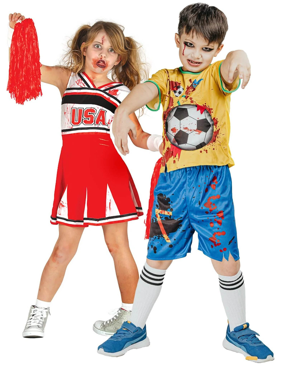 Disfraz de pareja de animadora y futbolista zombi para niños