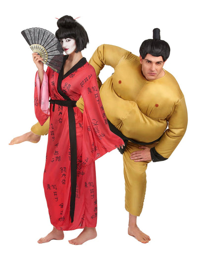 Disfraz de pareja de sumo y geisha para adulto