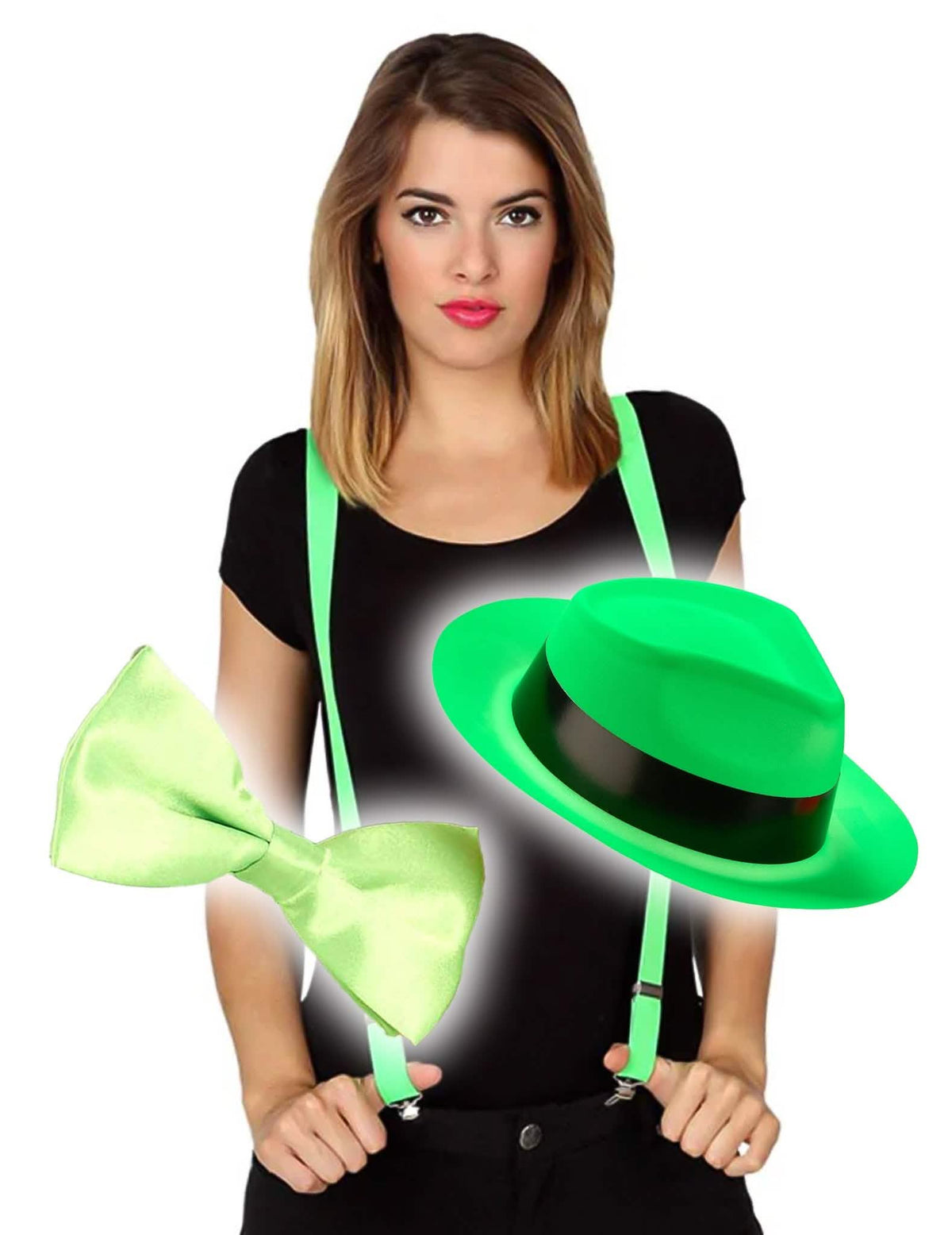 Kit de accesorios de sombrero y pajarita verde fluo para adultos
