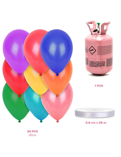 Kit de botella de helio con 24 globos multicolores y cinta