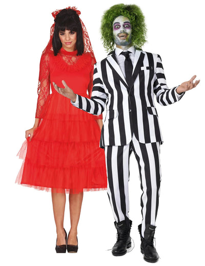 Disfraz de pareja Beetlejuice™ y novia roja para adulto