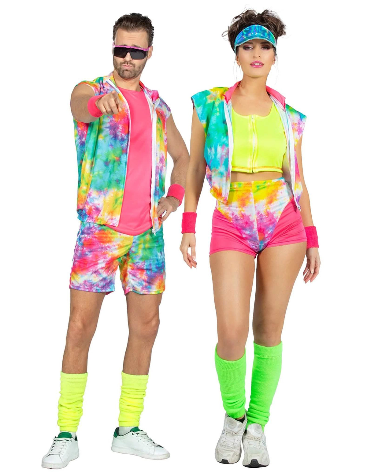 Disfraz de pareja para adultos para hacer aeróbicos con estampado tie-dye