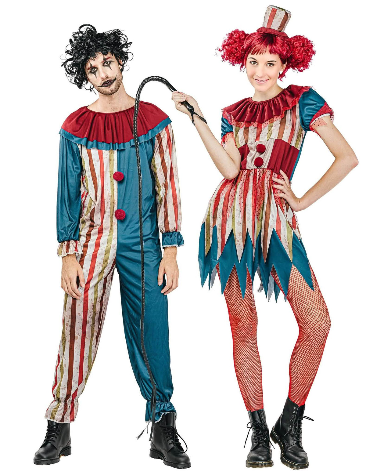 Disfraz de pareja de payasos coloridos de Halloween