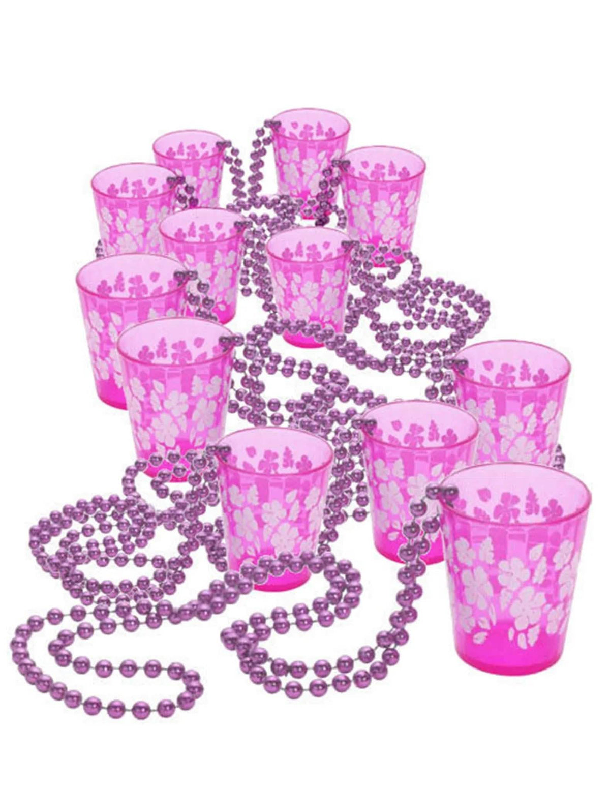 Pack de 12 collares rosas con vaso de chupito