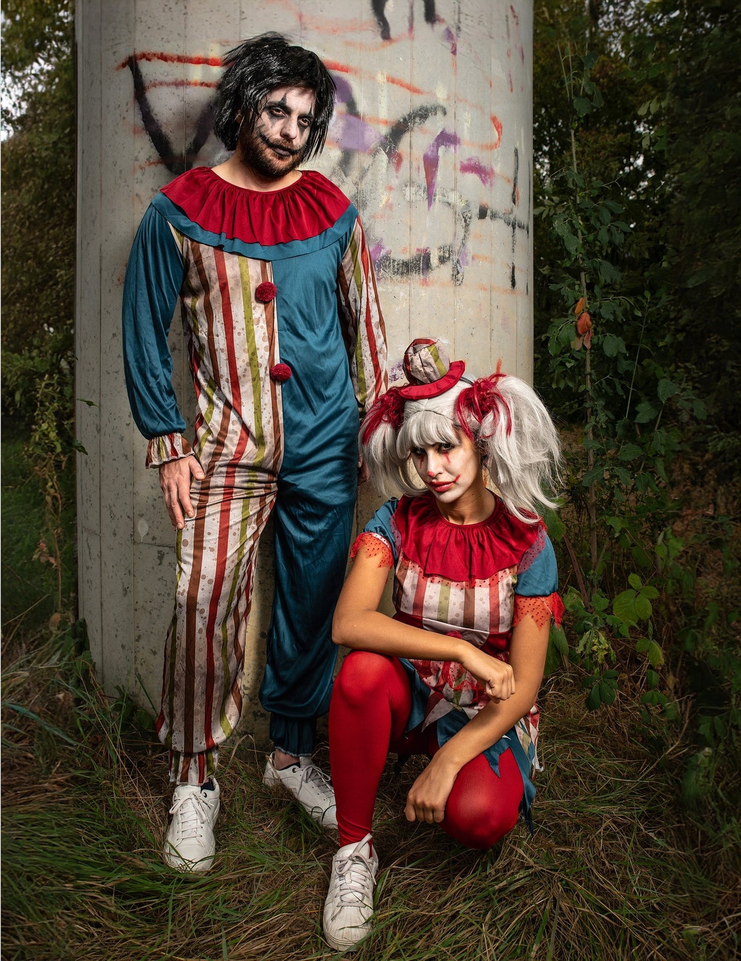 Disfraz de pareja de payasos coloridos de Halloween