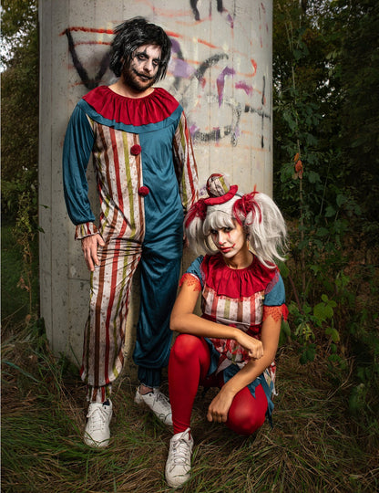 Disfraz de pareja de payasos coloridos de Halloween