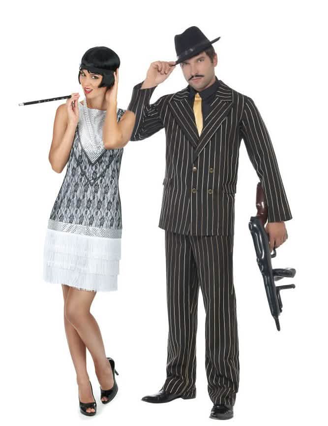 Disfraz de pareja gánster charlestón elegante adulto