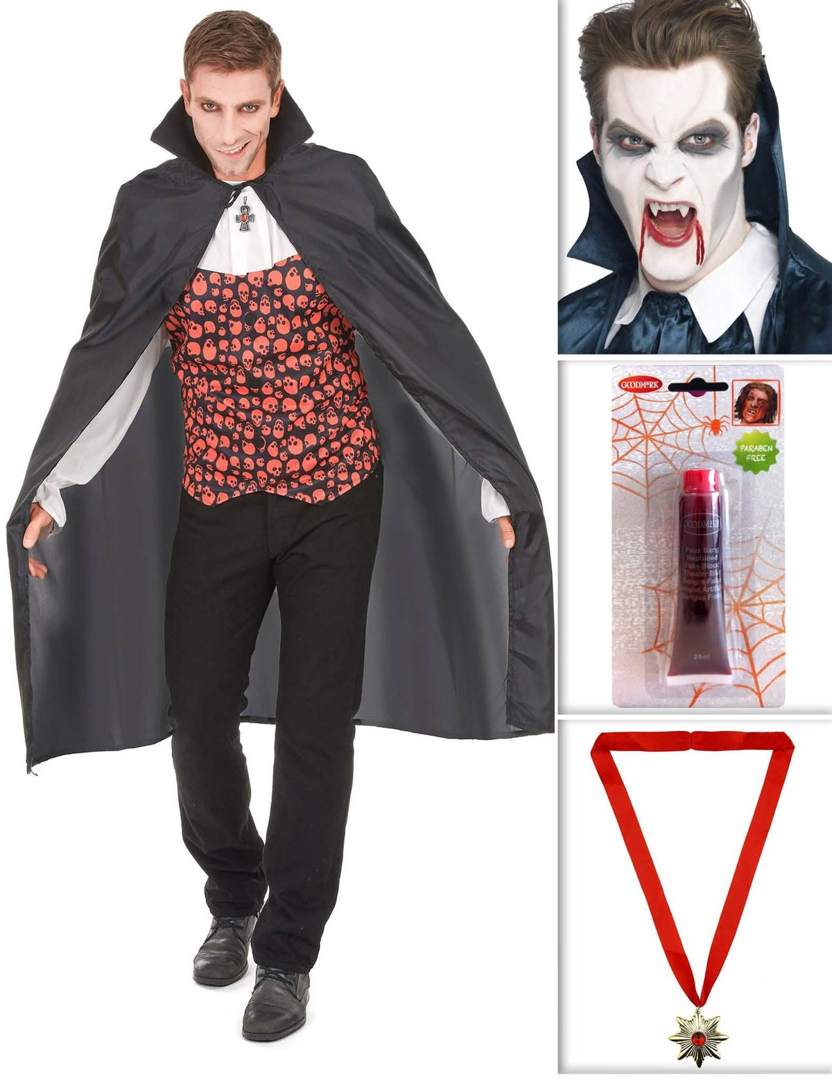 Kit vampiro con capa, dientes, sangre artificial y medalla Halloween