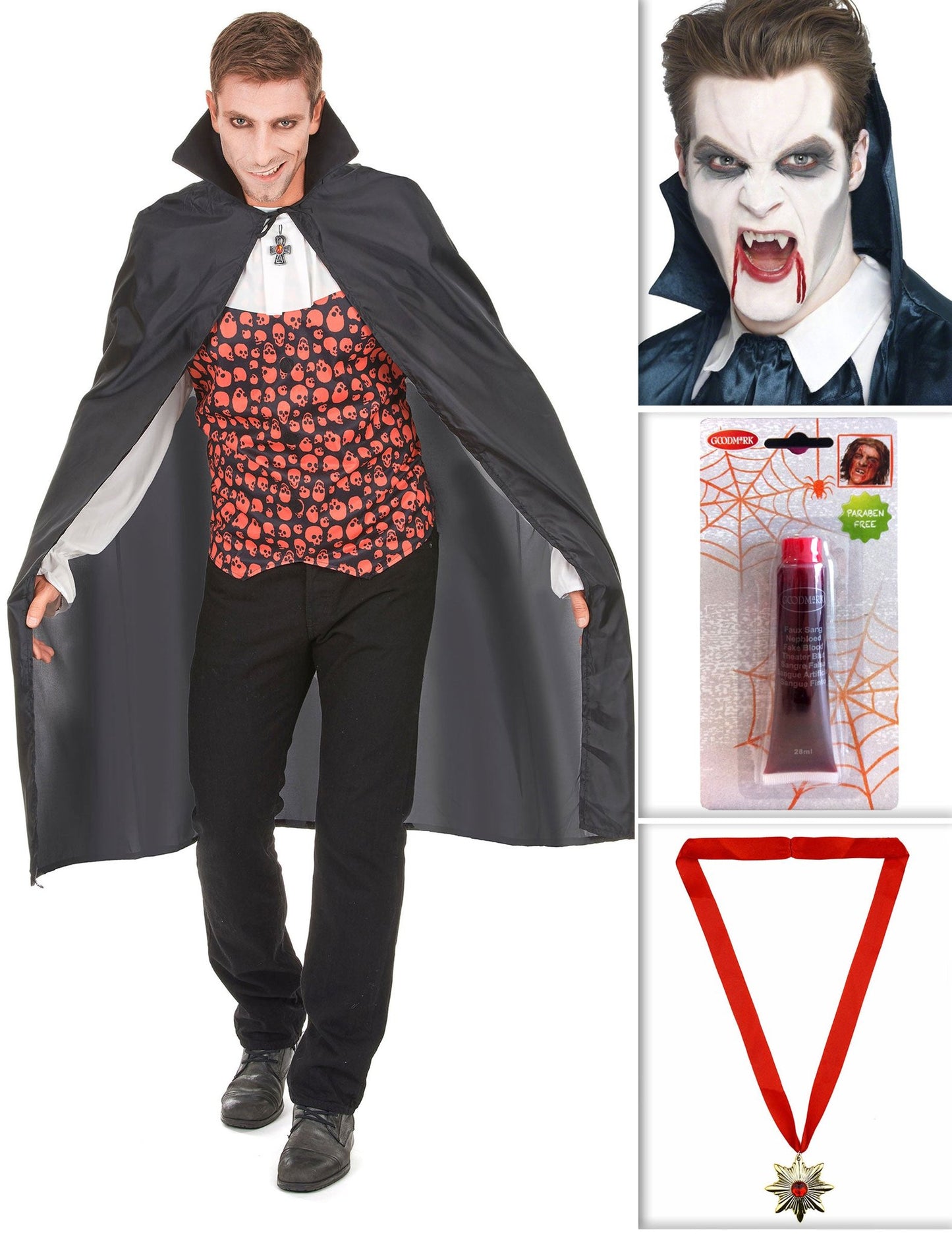 Kit vampiro con capa, dientes, sangre artificial y medalla Halloween