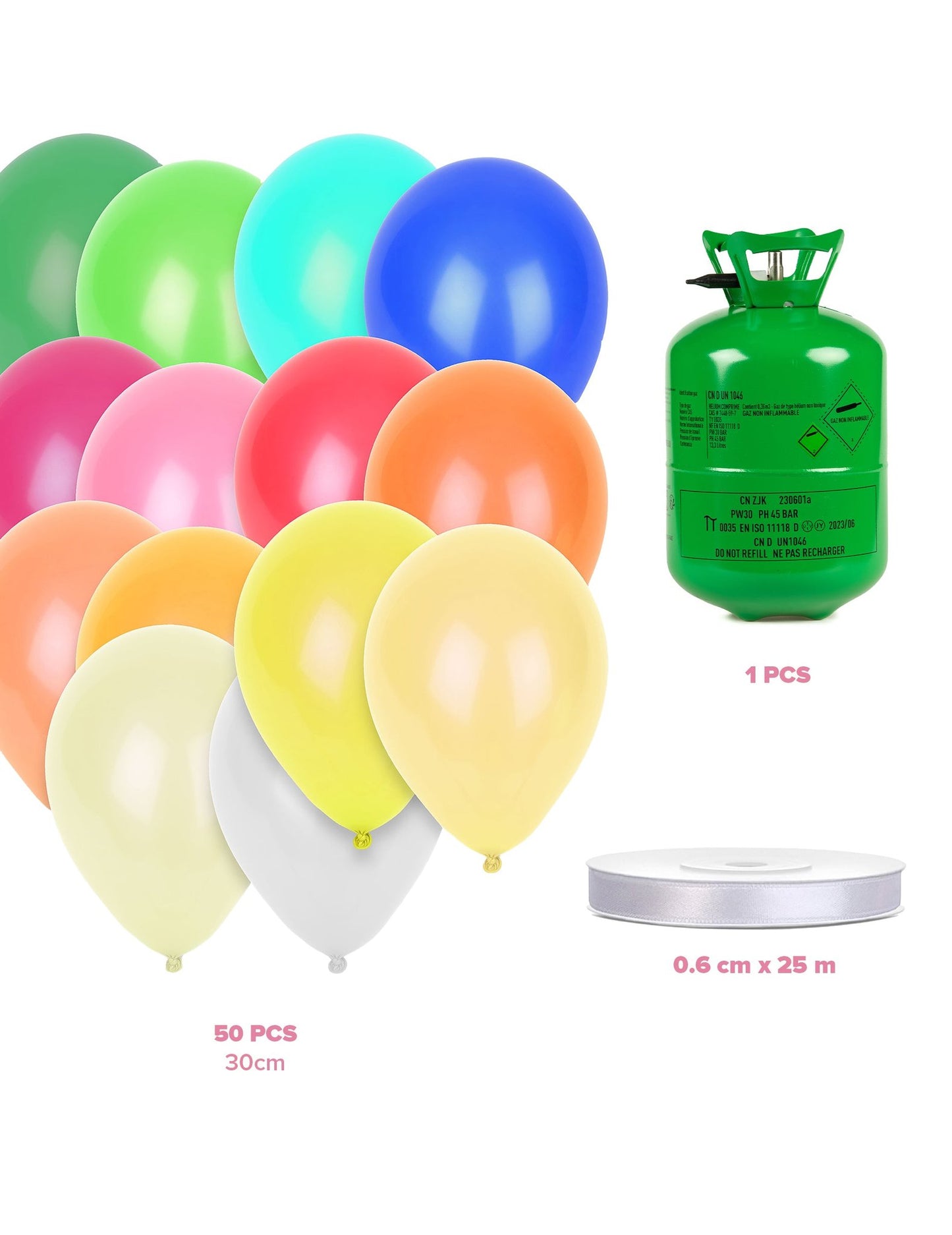 Kit bouteille d'hélium avec 50 ballons multicolores et ruban