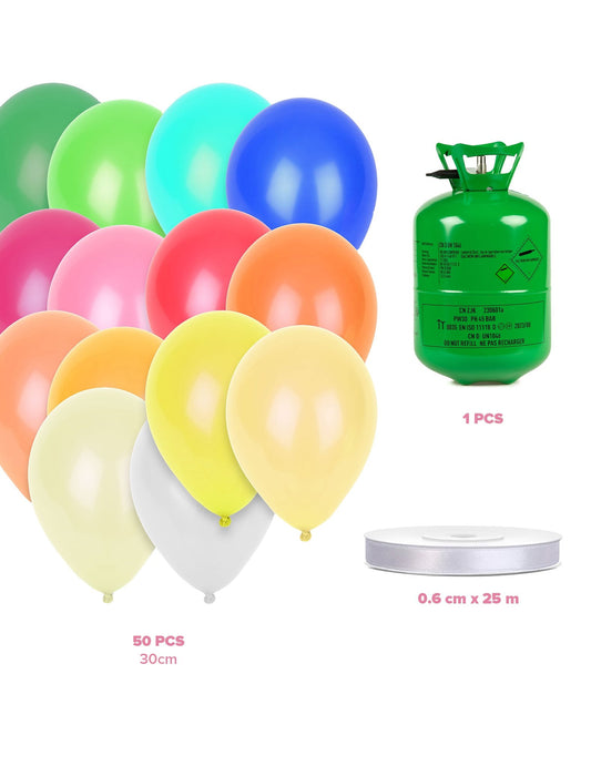 Kit de bombonas de helio con 50 globos multicolores y cinta