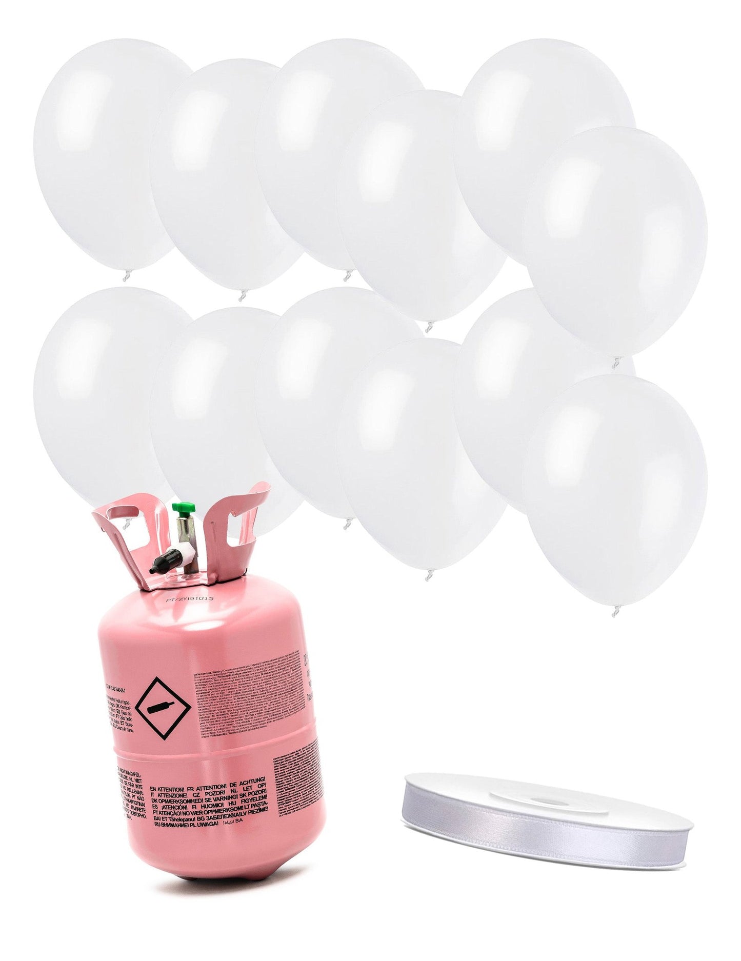 Kit de cilindro de helio con 12 globos blancos y cinta