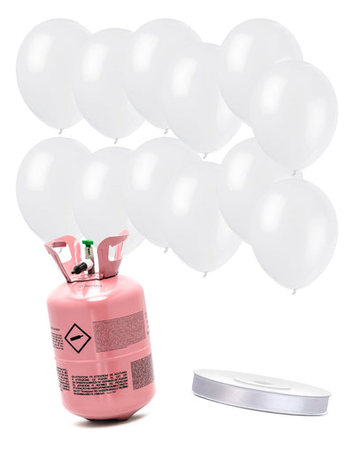 Kit de cilindro de helio con 12 globos blancos y cinta