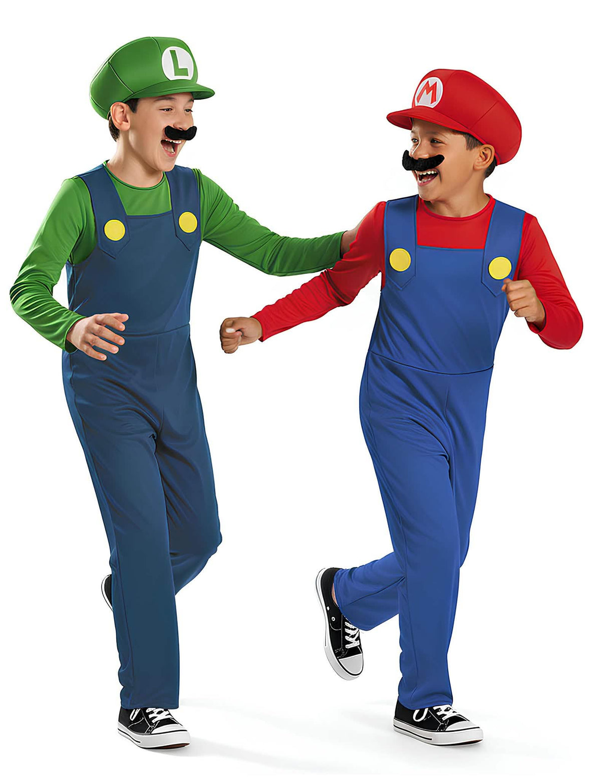 Déguisement de couple Mario™ et Luigi™ pour enfants avec salopettes bleues, casquettes et moustaches