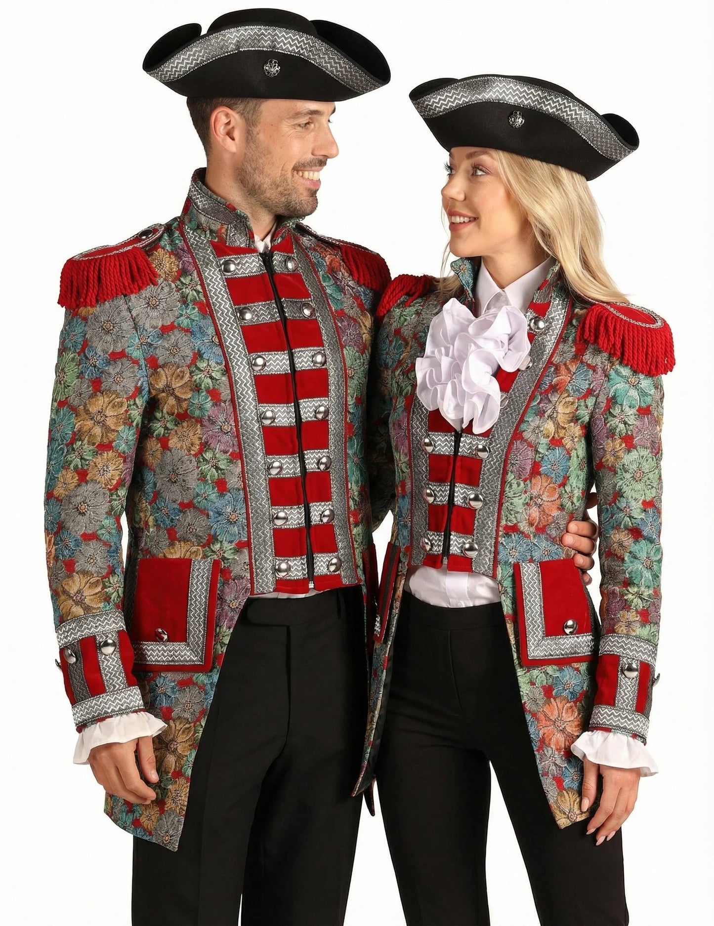 Disfraz de pareja con chaquetas florales de alta gama para adultos