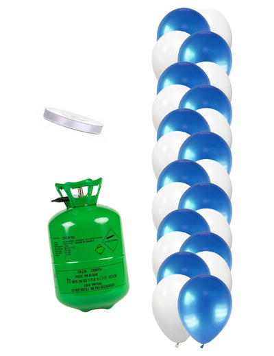 Kit de cilindro de helio con 12 globos blancos 12 globos azules y cinta
