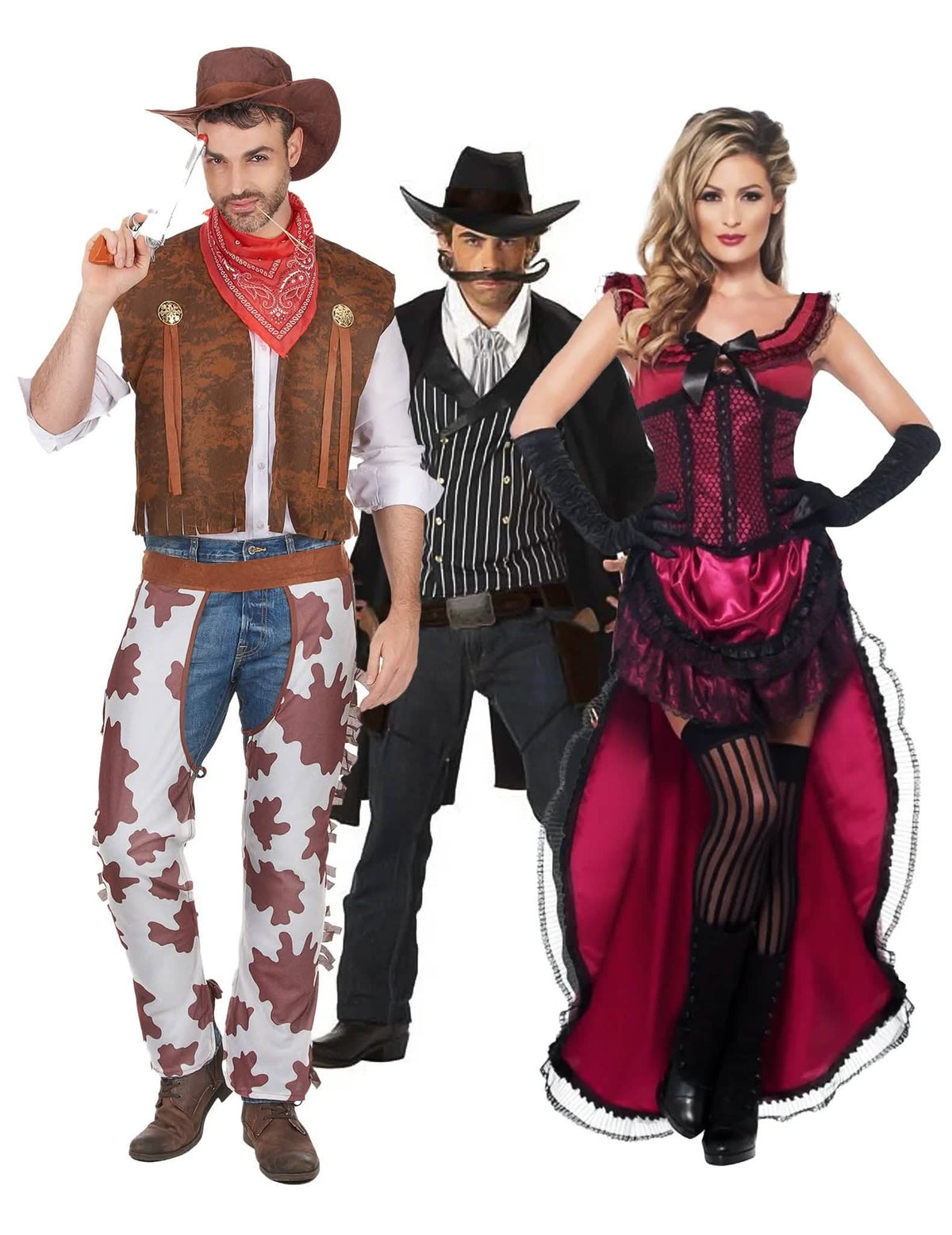 Disfraz de grupo de vaqueros y bailarinas de salón para adulto