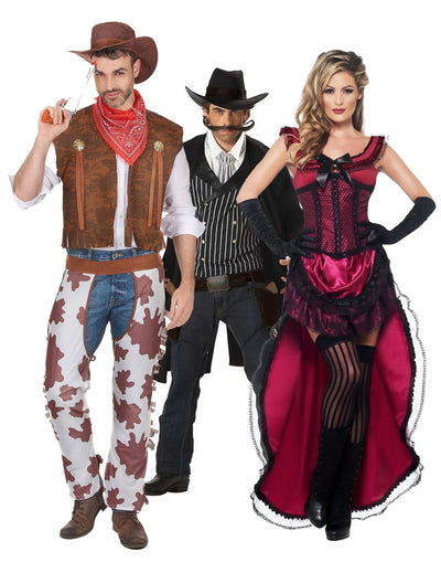 Disfraz de grupo de vaqueros y bailarinas de salón para adulto