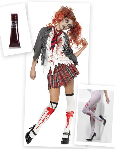 Kit disfraz y accesorio zombie colegiala mujer