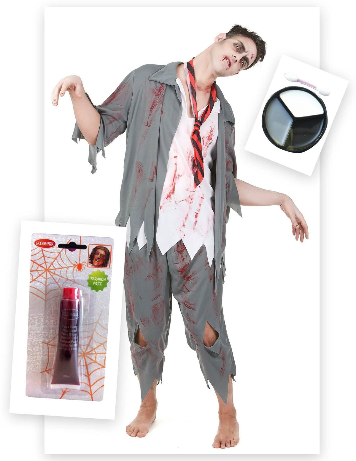 Kit disfraz zombie hombre con sangre falsa y maquillaje Halloween