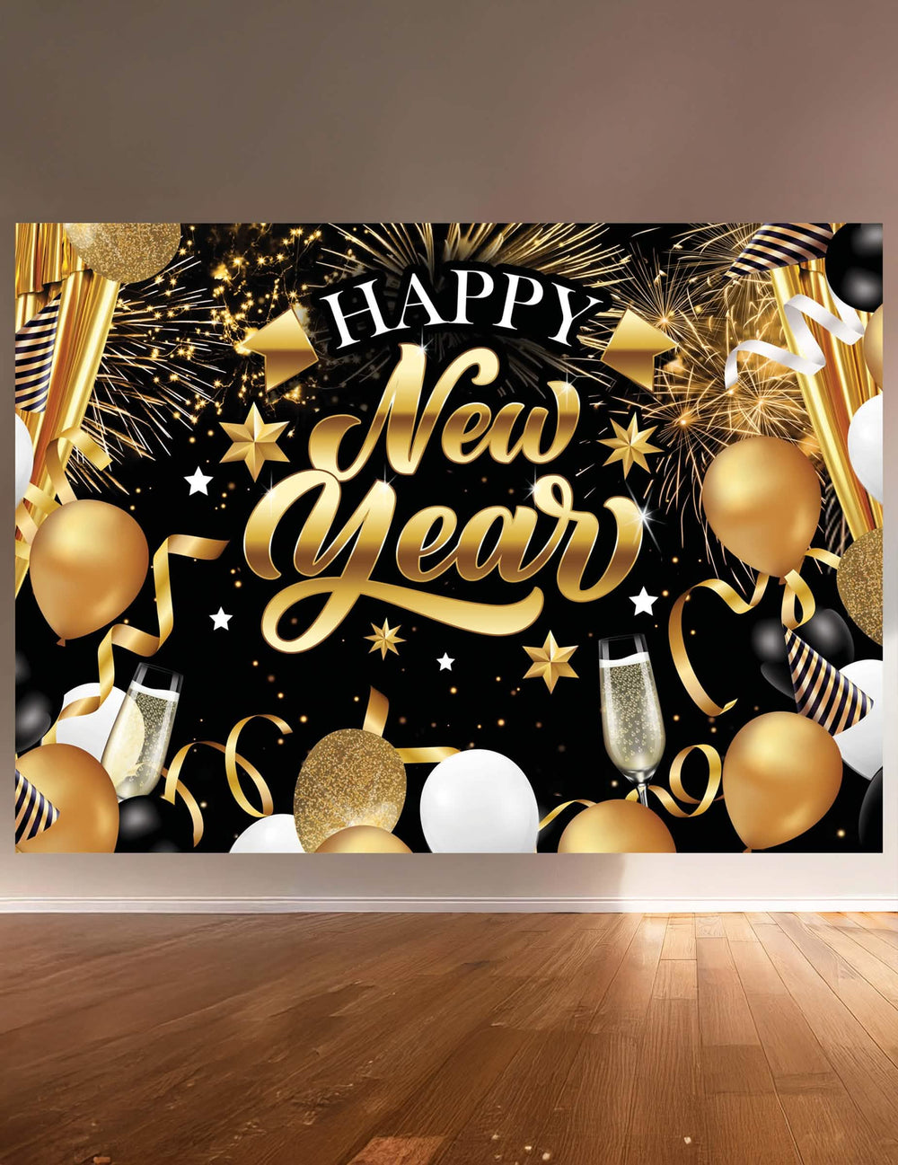 Toile de fond Happy New Year pour fête noir et or avec ballons et feux d'artifice