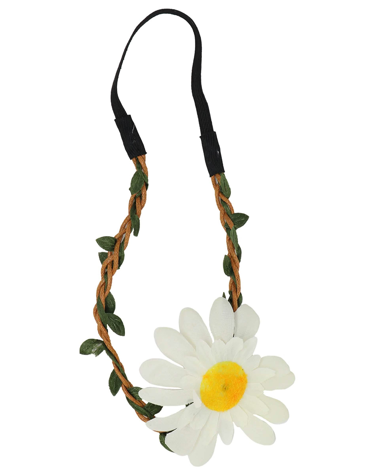 Vista del sistema de sujeción de la diadema trenzada con flor blanca para adulto