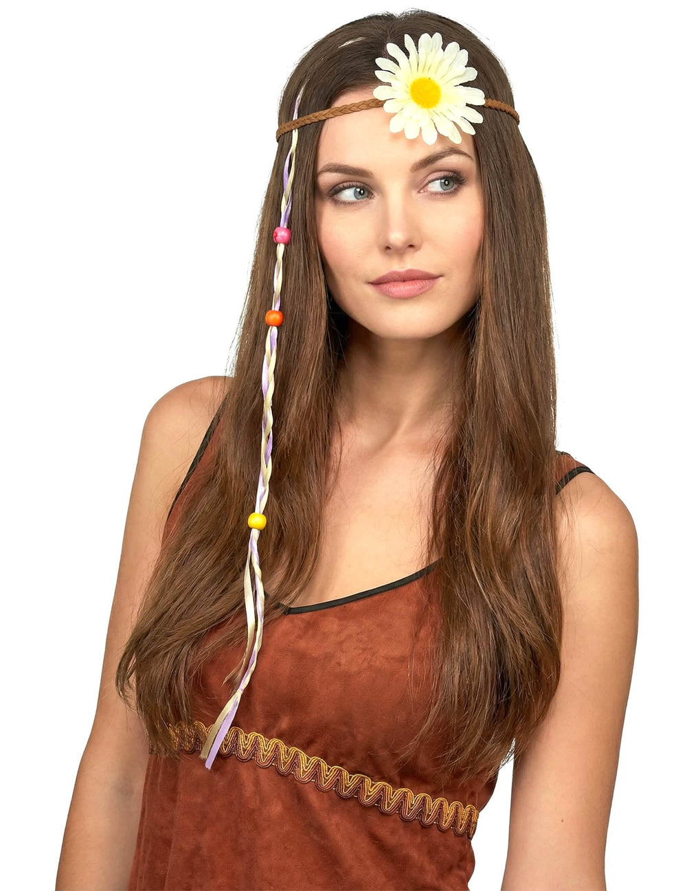 Diadema trenzada con flor blanca para adulto marrón con cintas y perlas de colores