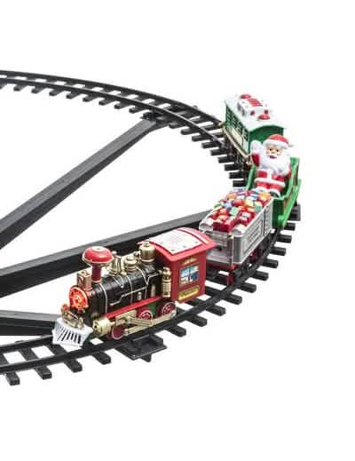 Vista sobre las vías y los vagones del tren de navidad para árbol 23 piezas luminoso y animado