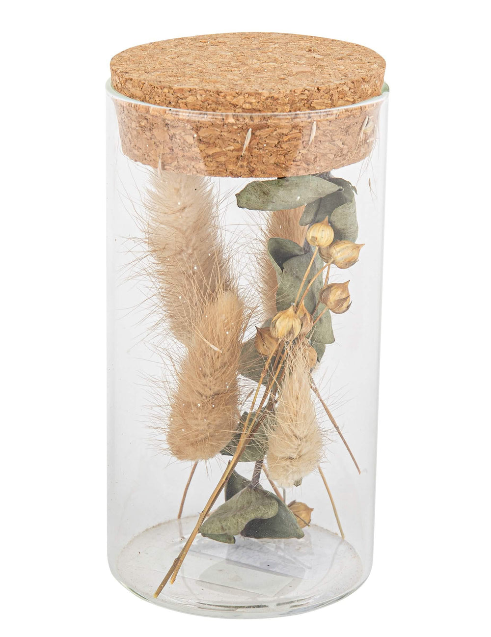 Bocal en verre avec plumeaux et eucalyptus pour décoration naturel avec bouchon liège