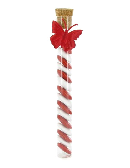 Détail du papillon rouge et des dragées du tube éprouvette en verre pour fête