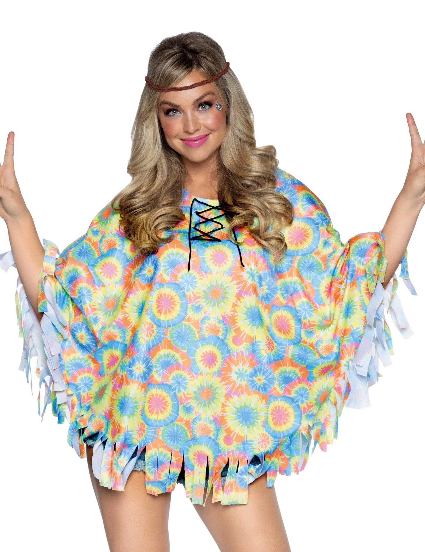 Tunique avec headband hippie pour femme multicolore à motifs tie-dye et franges