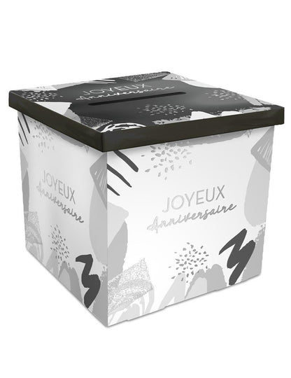 Urne en carton Joyeux anniversaire blanc et argenté