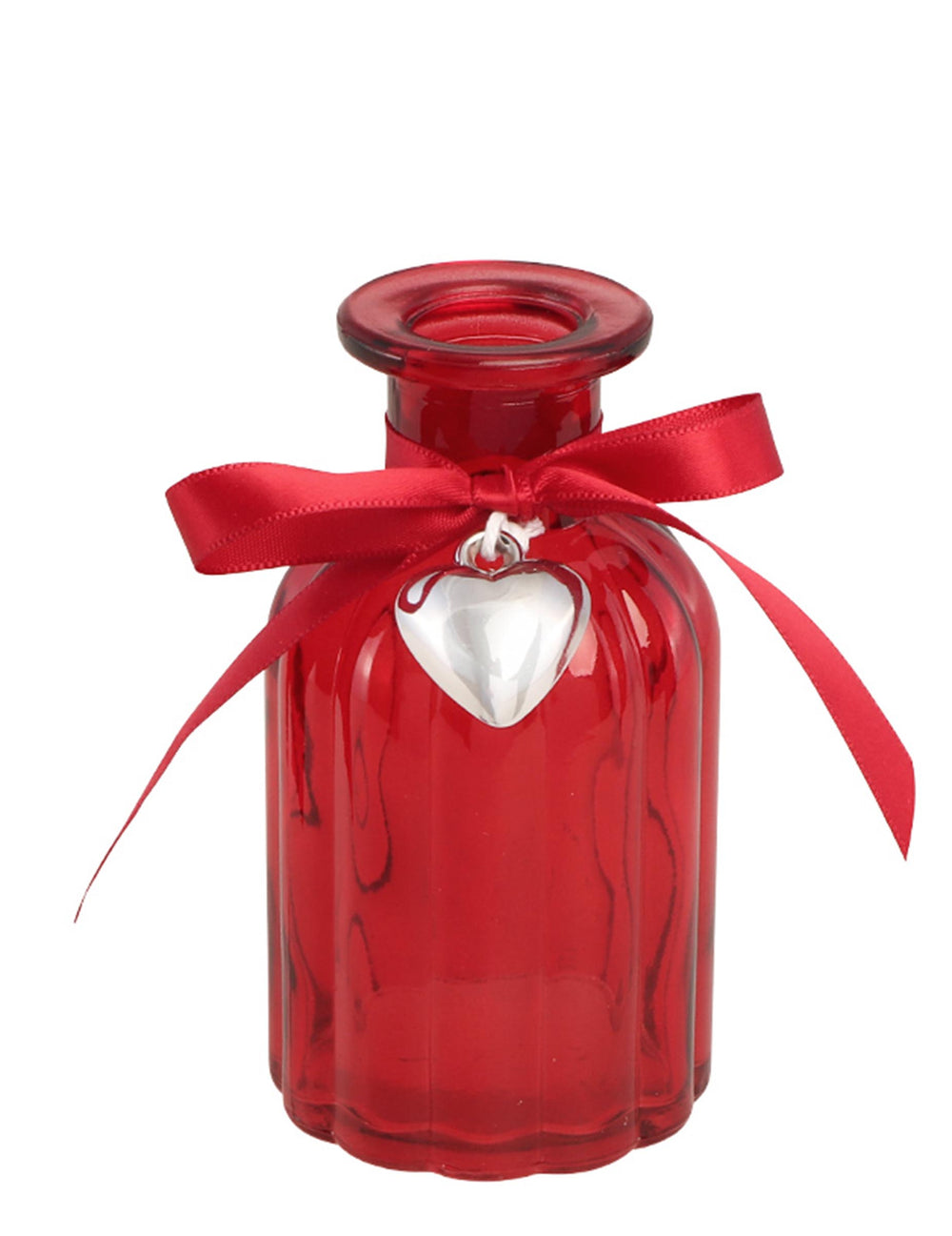 Vase en verre décoration ruban cœur rouge et argenté