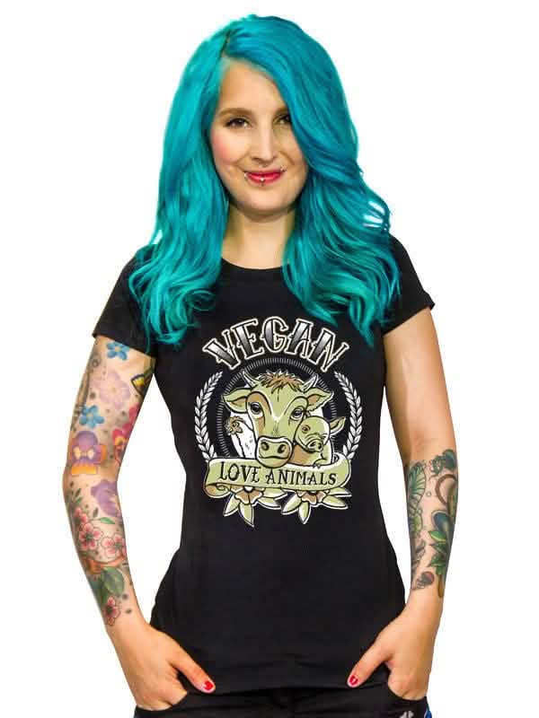 T-shirt Vegan Love Animals pour femme noir et multicolore