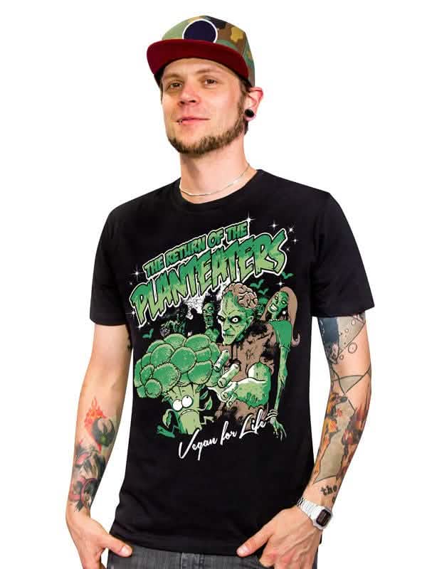 T-shirt Vegan Zombie Planteaters pour homme noir avec imprimé vert
