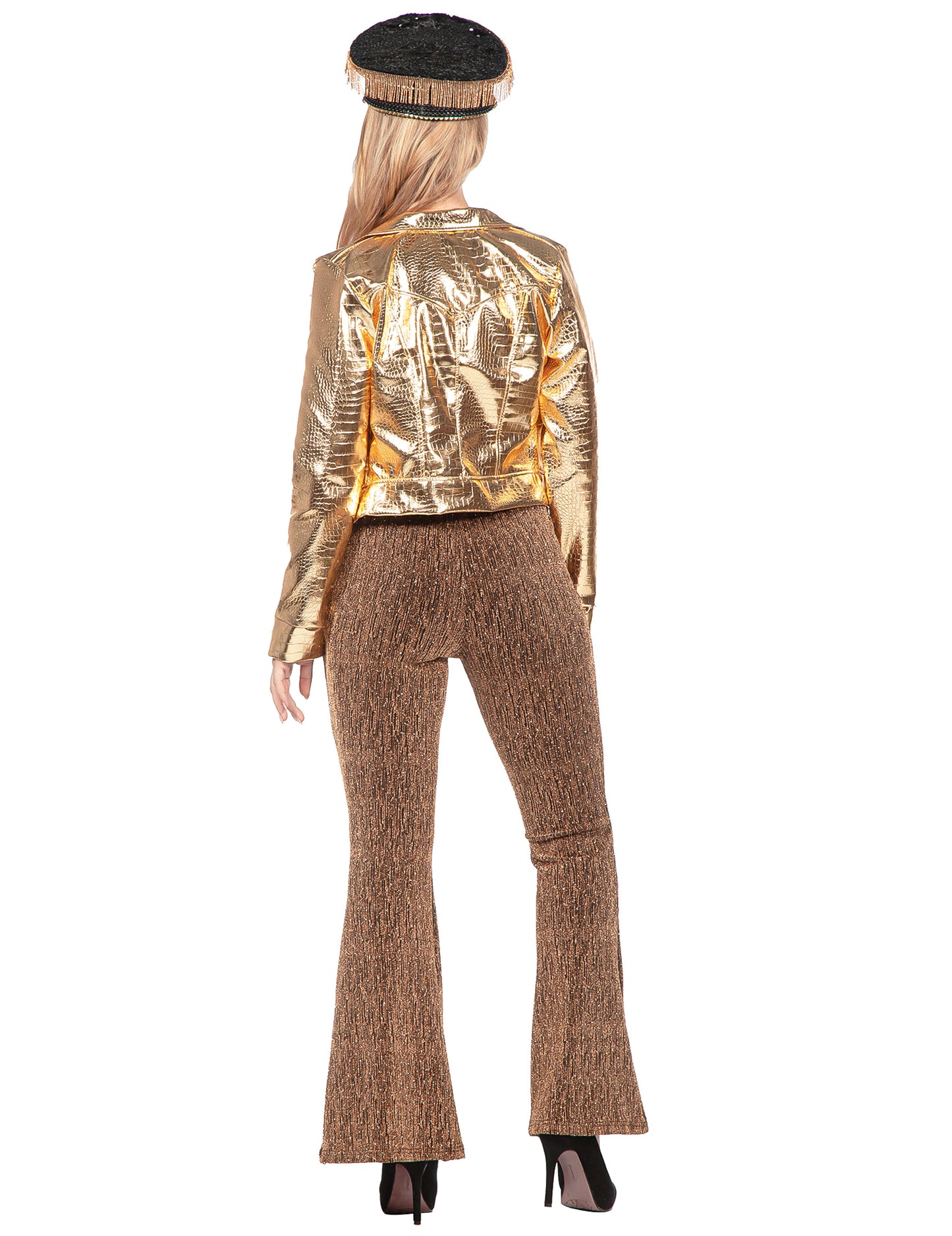 Chaqueta de cocodrilo metálica dorada para mujer