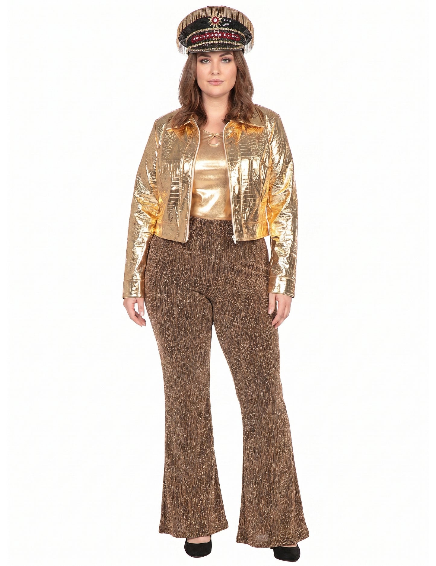 Chaqueta de cocodrilo metálica dorada para mujer