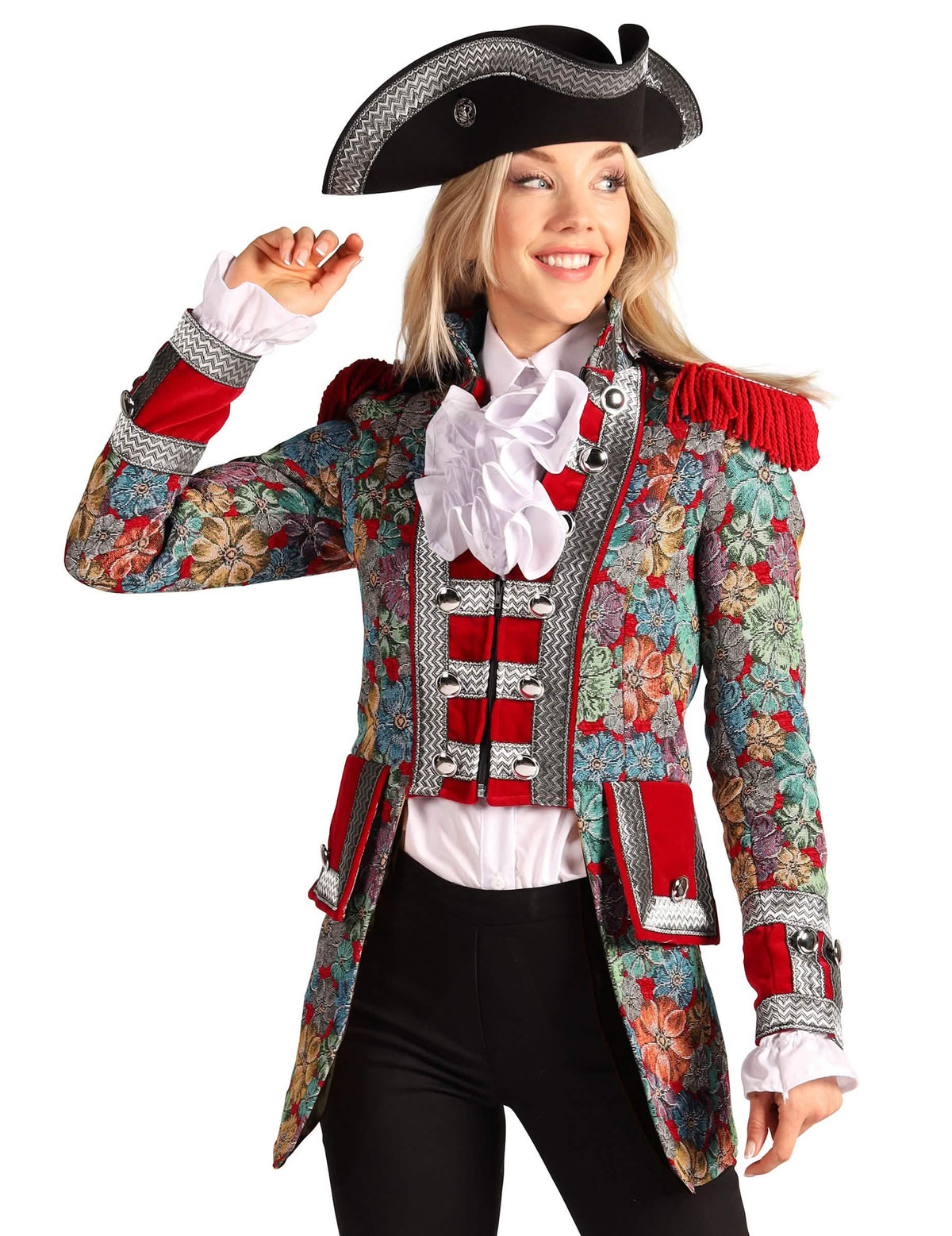 Vista de tres cuartos de la chaqueta de carnaval con motivo floral deluxe