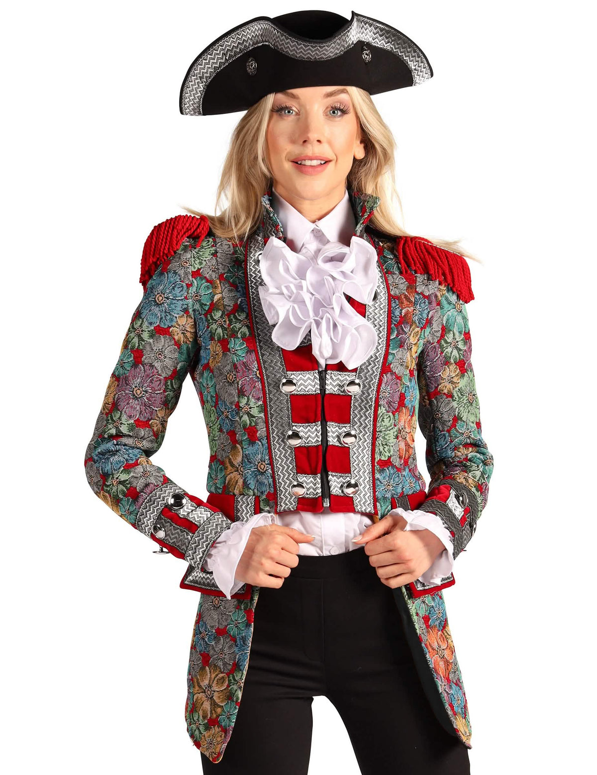 Vista frontal con sombrero tricornio de la chaqueta de carnaval con motivo floral deluxe