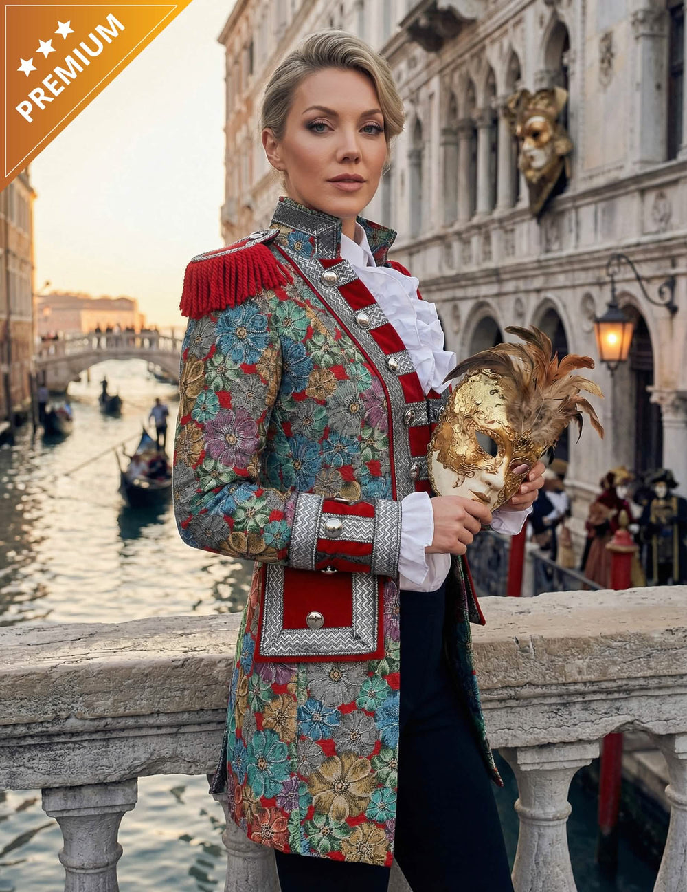 Chaqueta de carnaval de motivo floral deluxe para mujer multicolor con hombreras de flecos rojos