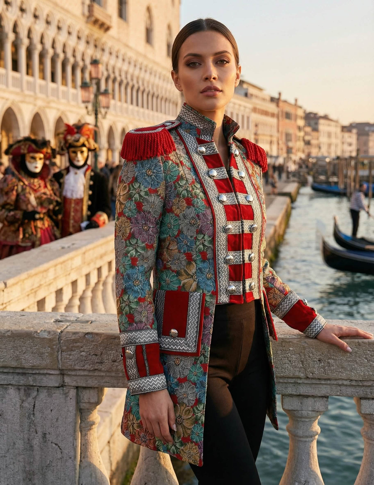 Puesta en escena en un decorado veneciano de la chaqueta de carnaval con motivo floral deluxe