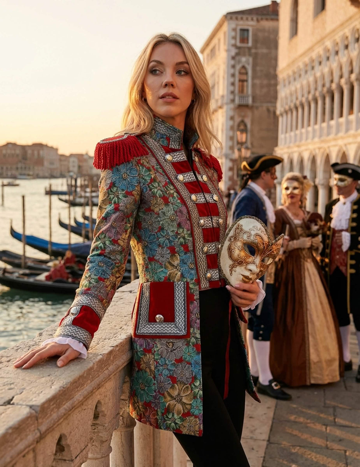 Puesta en escena con máscara veneciana de la chaqueta de carnaval con motivo floral deluxe