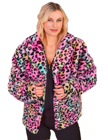 Chaqueta polar de leopardo multicolor para mujer
