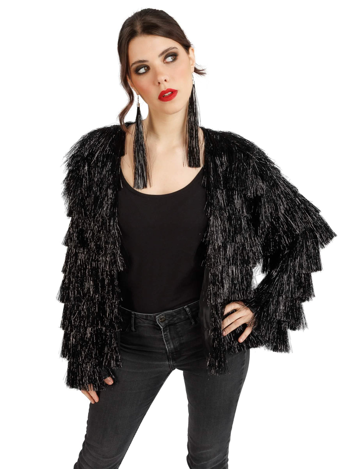 Chaqueta de festival con flecos negros mujer
