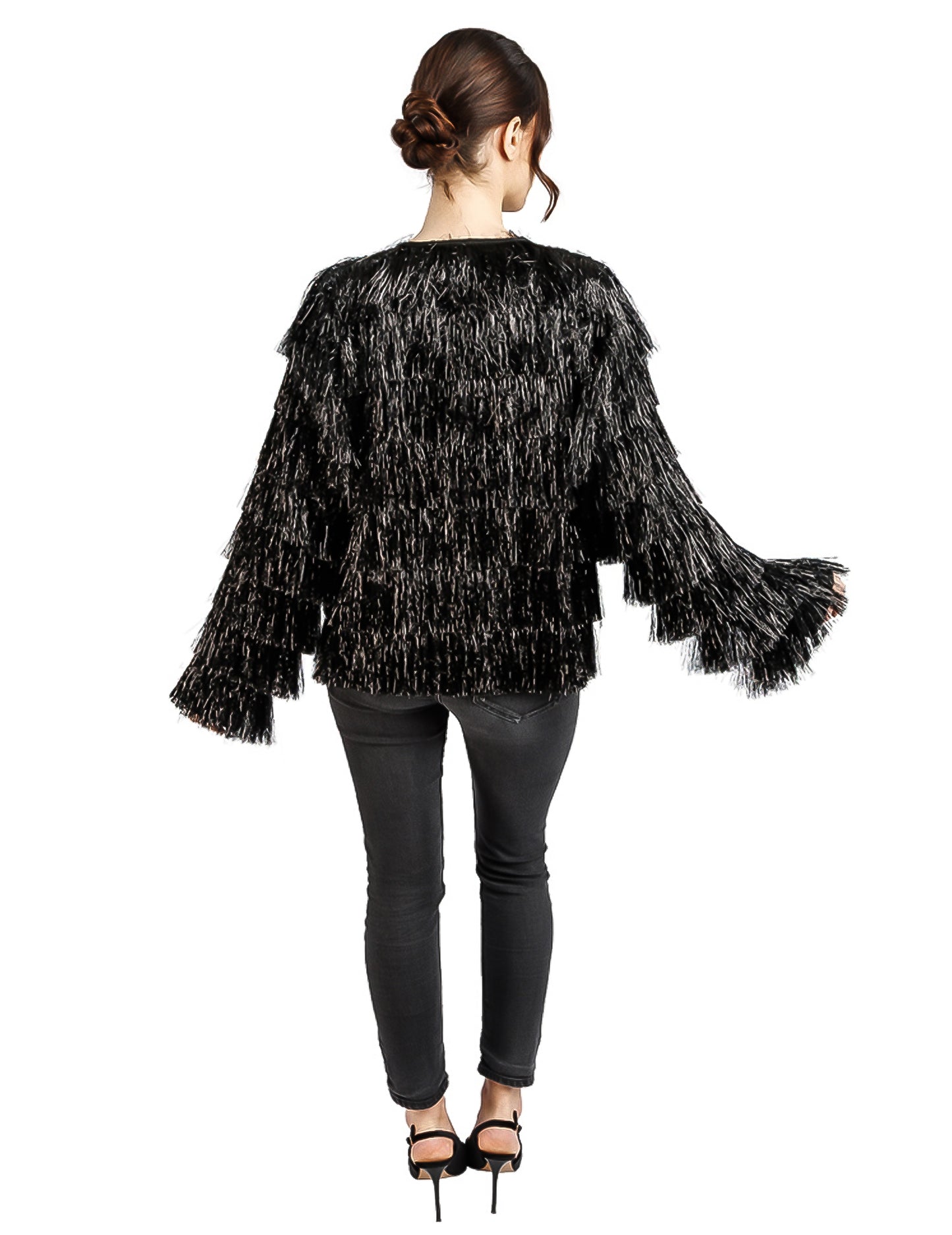 Chaqueta de festival con flecos negros mujer
