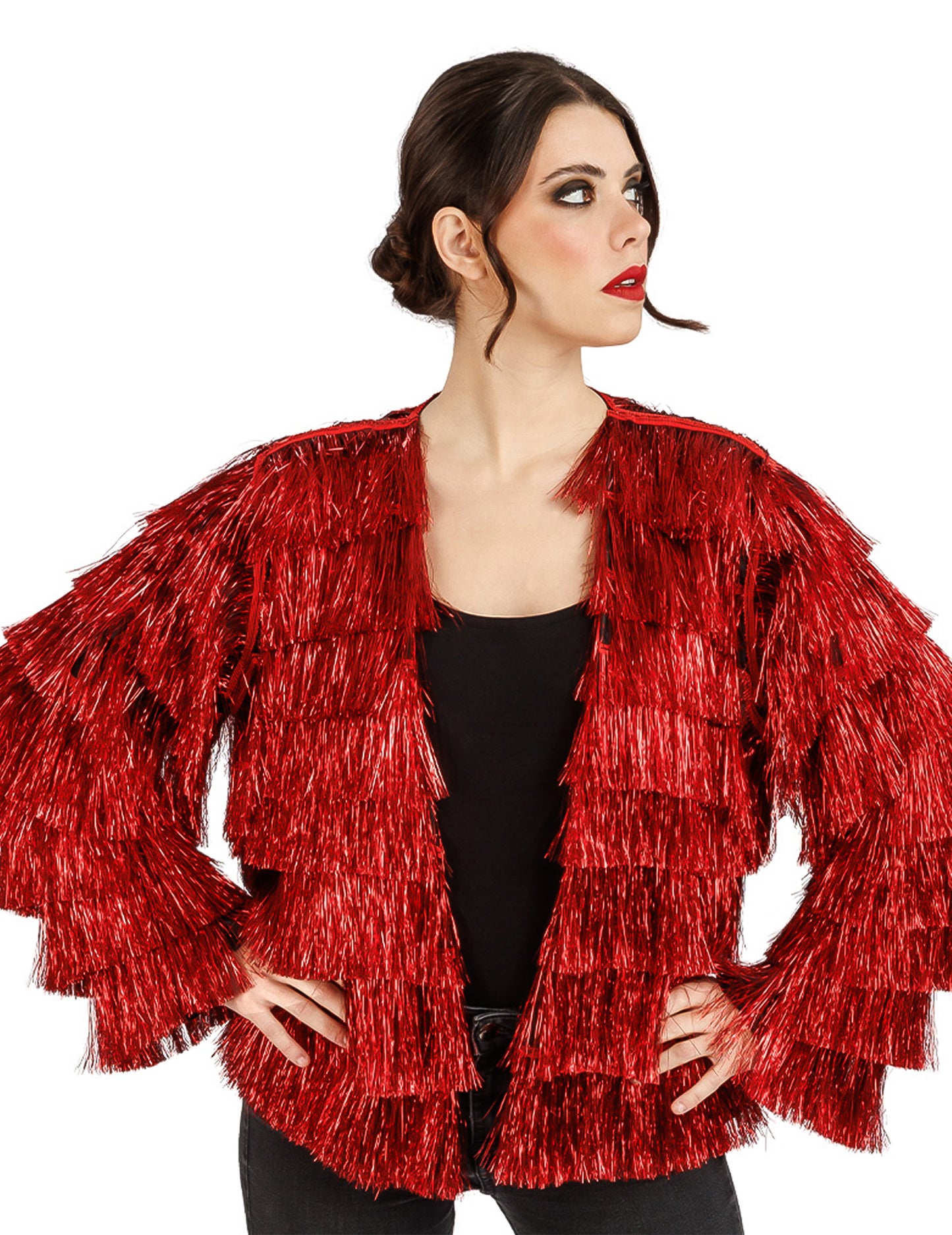 Chaqueta de festival con flecos rojos mujer