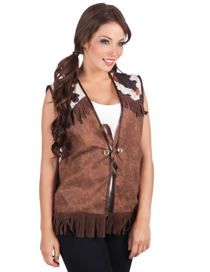 Chaqueta oeste para mujer marrón con flecos y motivos de vaca